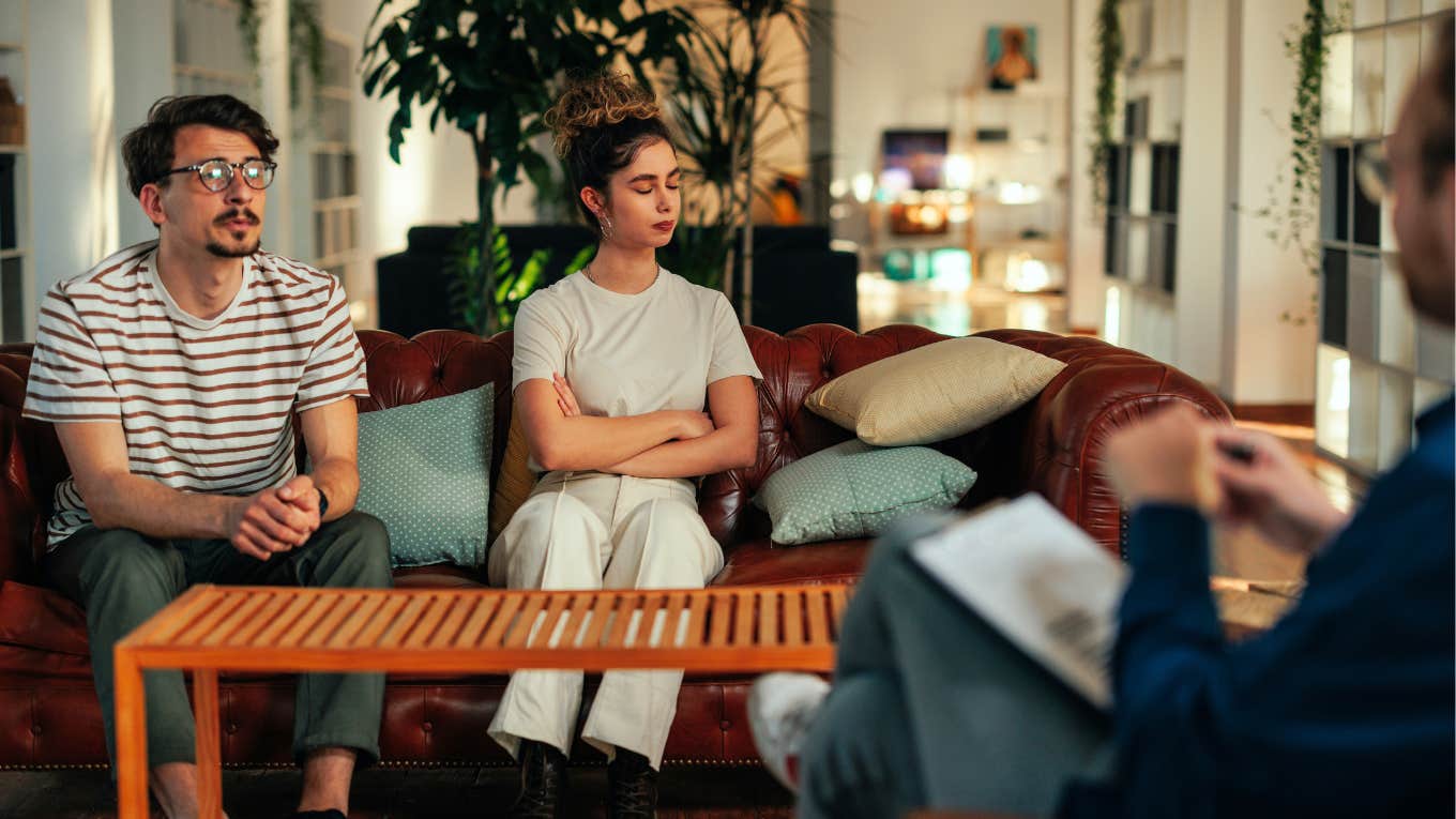 The 'Healthy' Habit That Tends To Cause Divorce, Says Marriage Educator Couple in therapy, avoidant relationship.