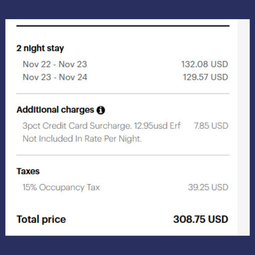 screenshot of hotel guest reservation in which they were charged a fee for electricity