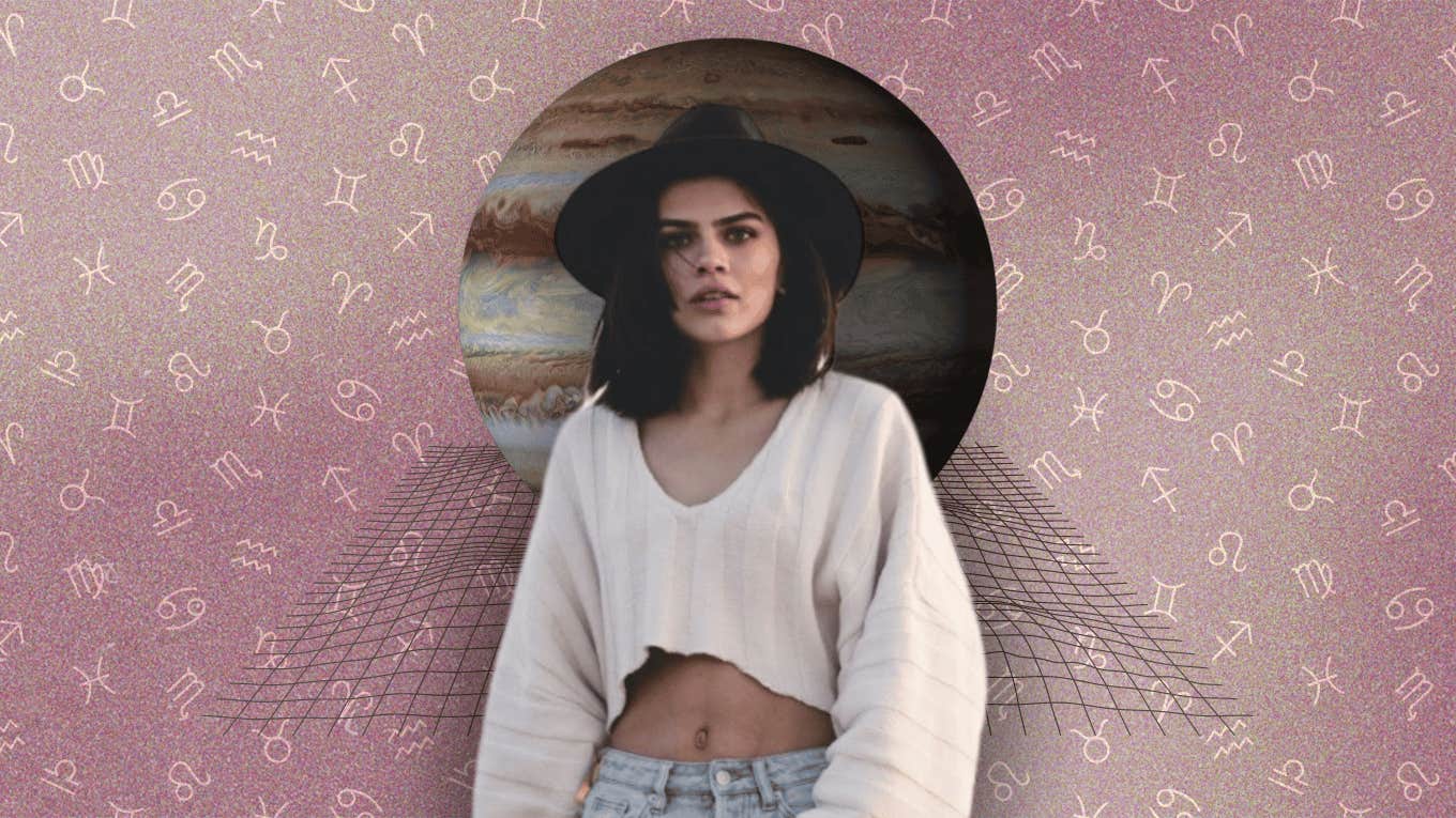 Jupiter Retrograde Horoscopes For All Zodiac Signs From October 9 - February 4, 2025 woman in front of jupiter retrograde and zodiac signs horoscopes