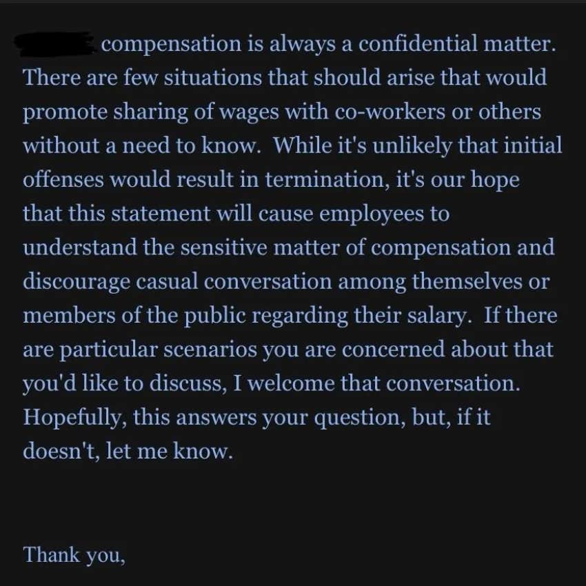 screenshot from worker's Reddit post about being fired for discussing pay