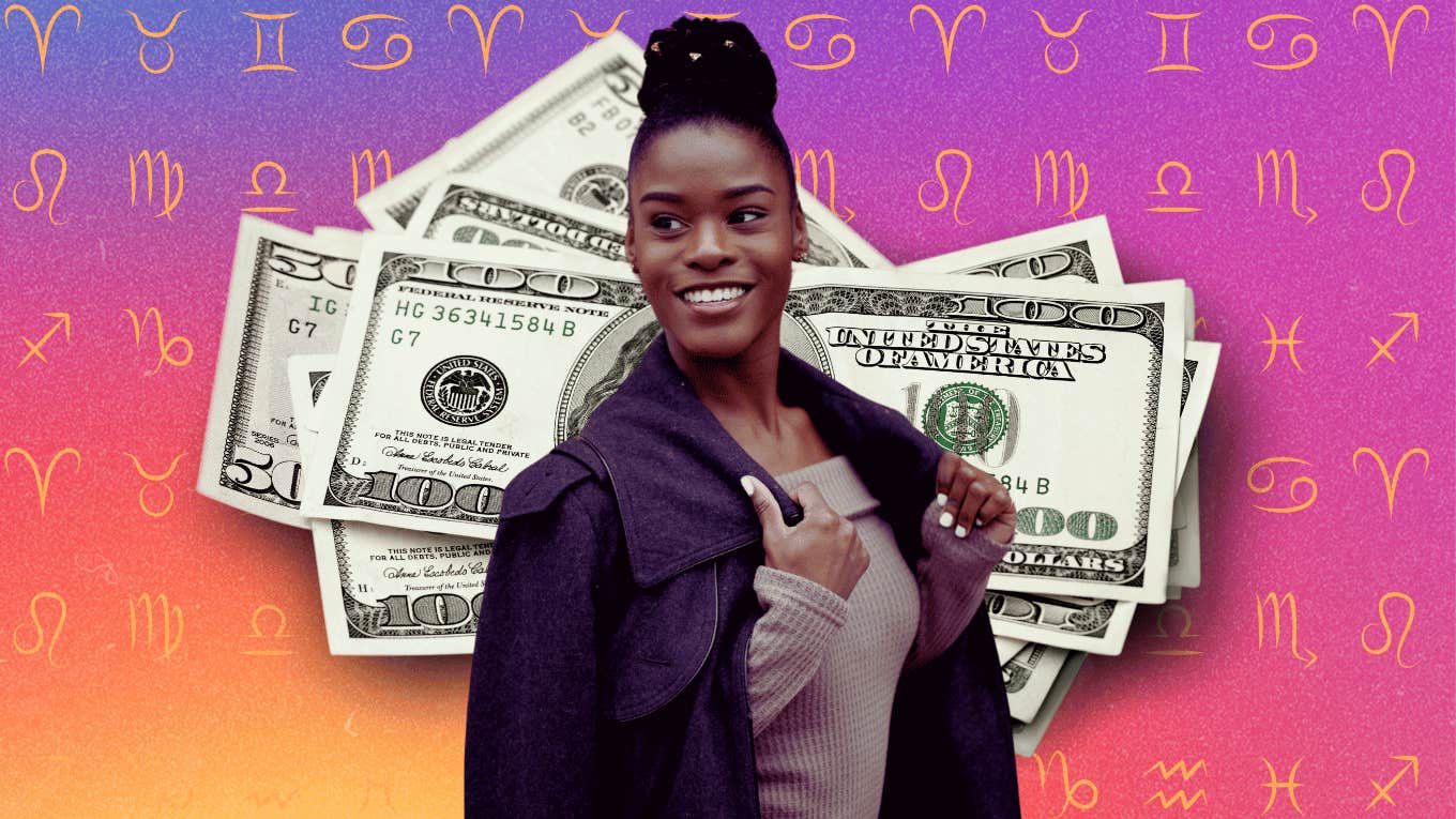 Zodiac Signs Predestined For Wealth By The End Of Fall 2024 stack of money woman with zodiac sign predestined for wealth fall 2024