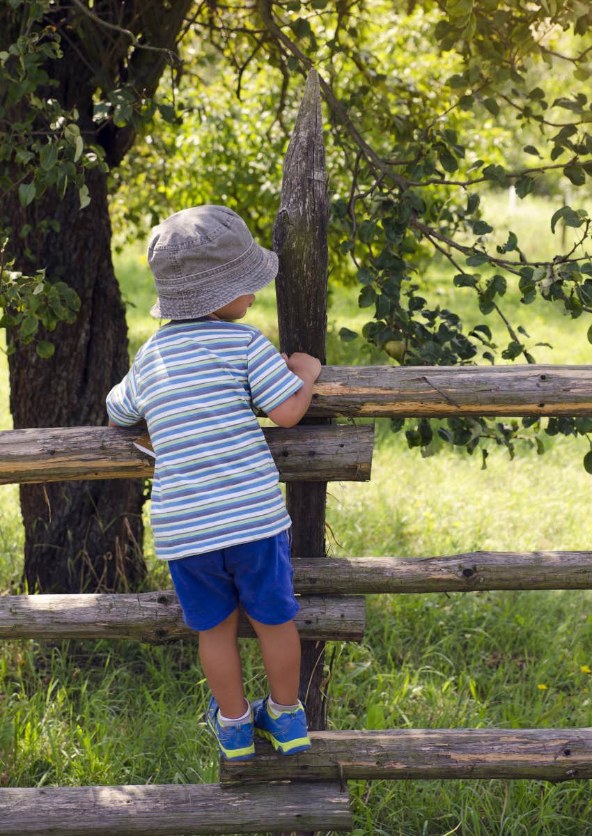little boy climbing a fence