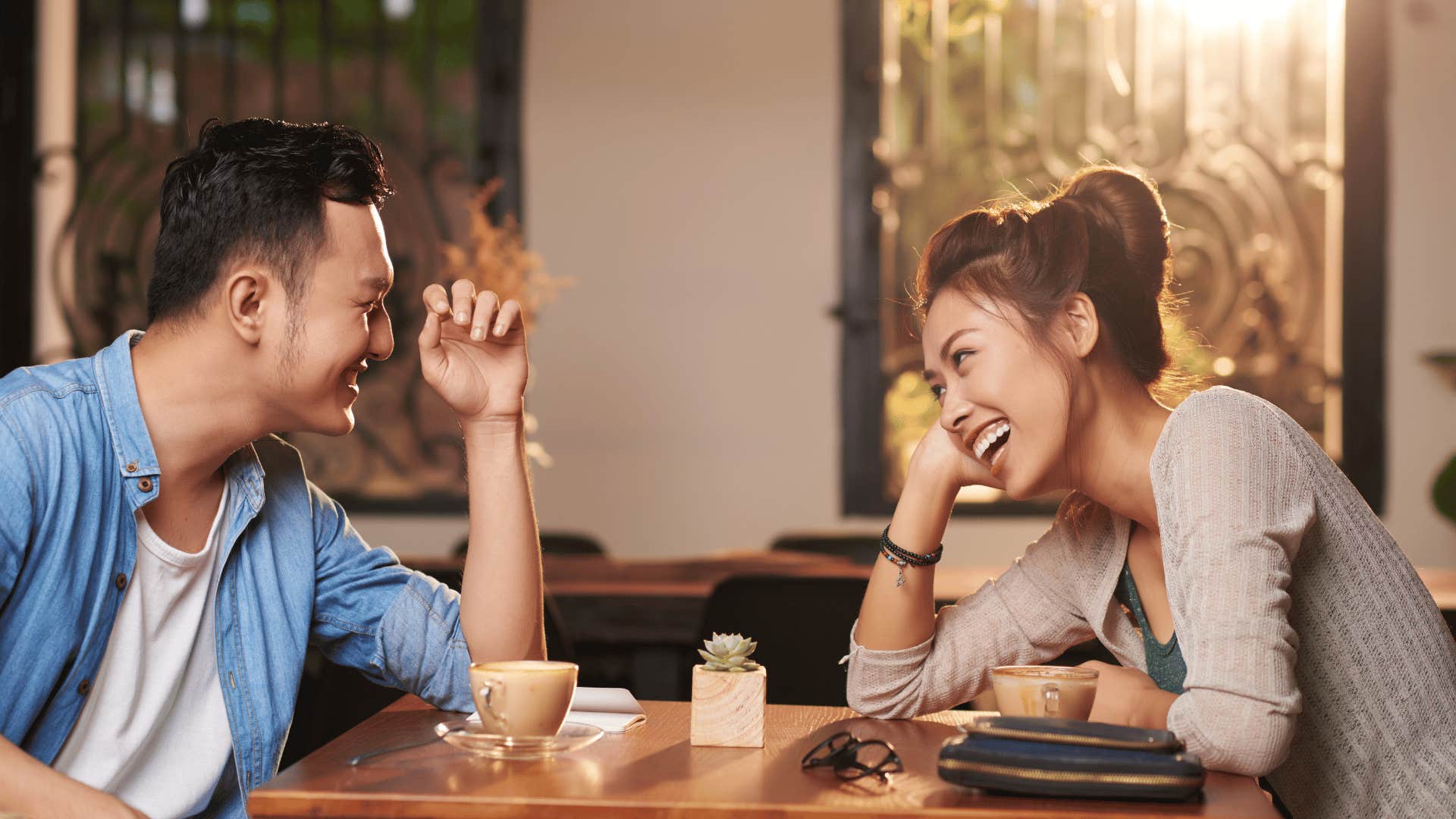 Happy husband and wife check in with each other