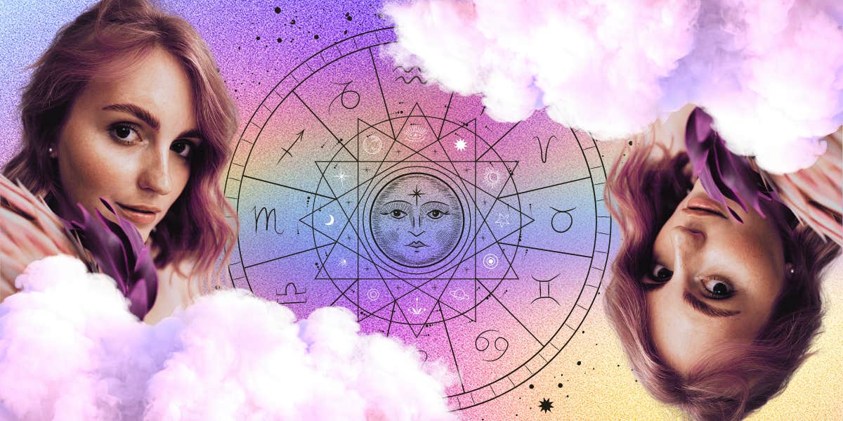 woman in the clouds and zodiac wheel