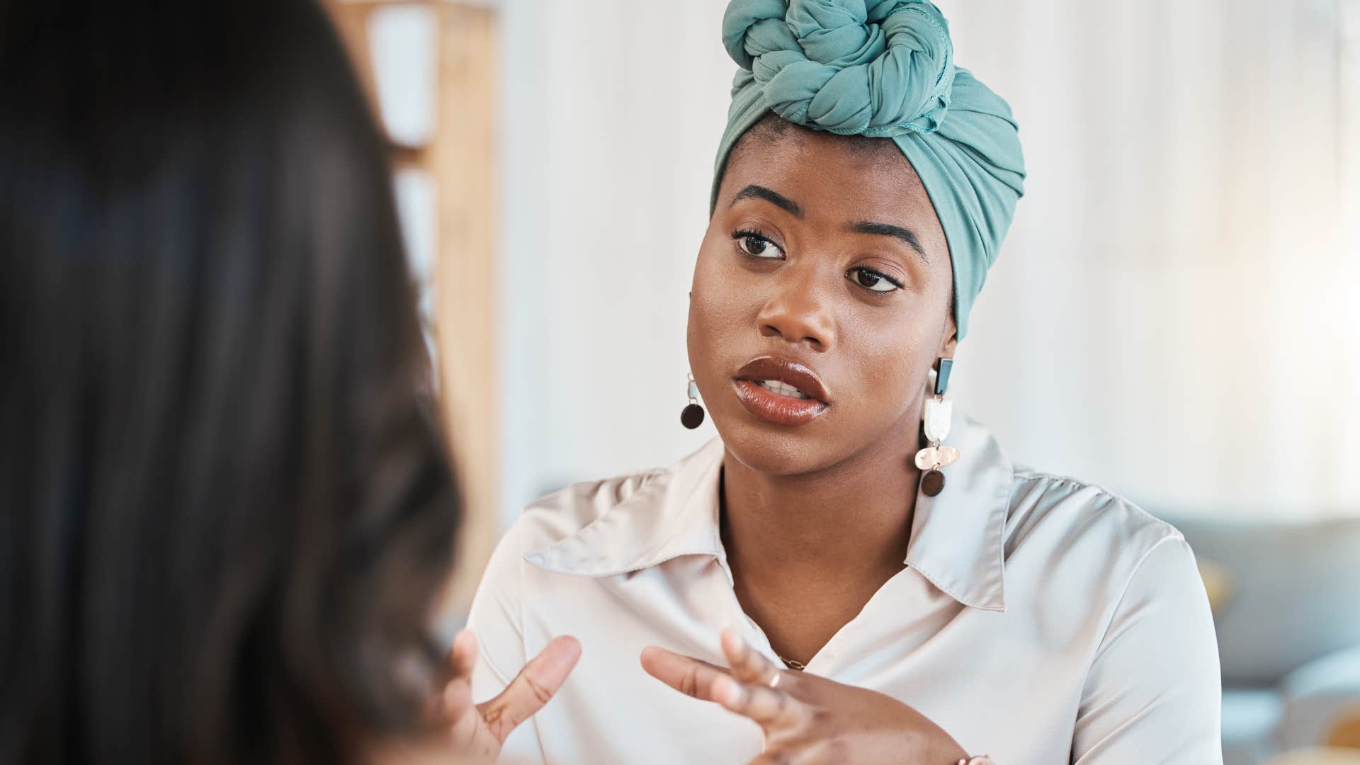 Confident woman having a serious conversation