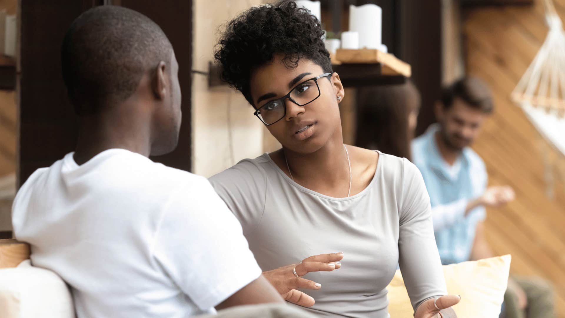 serious woman talking to partner