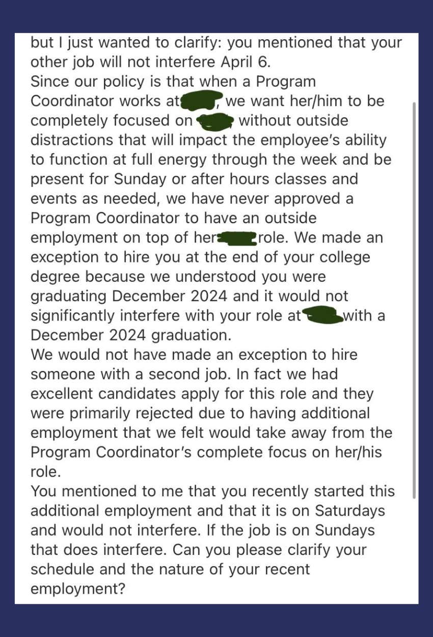 Reddit post from worker whose boss is angry she has a second job
