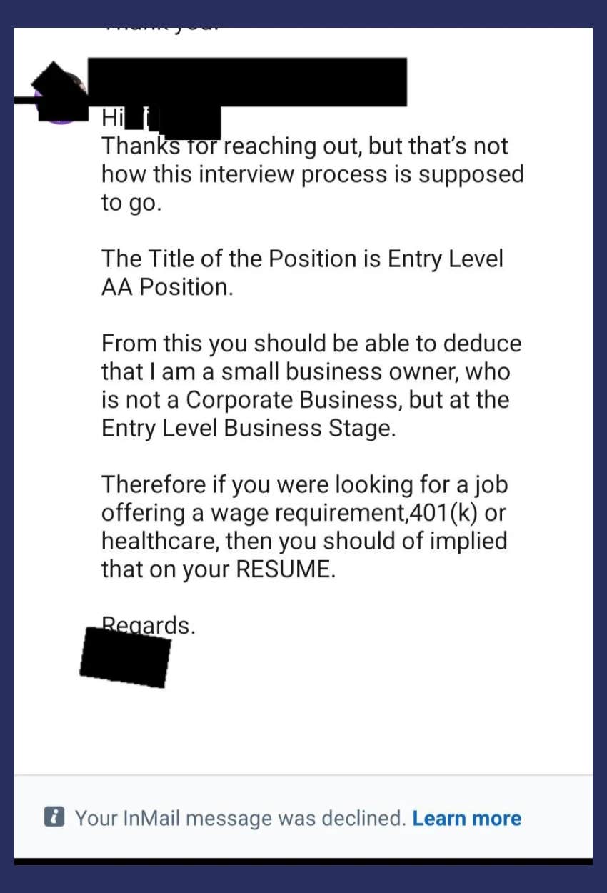 screenshot from Reddit of unhinged response a candidate got about what a job pays