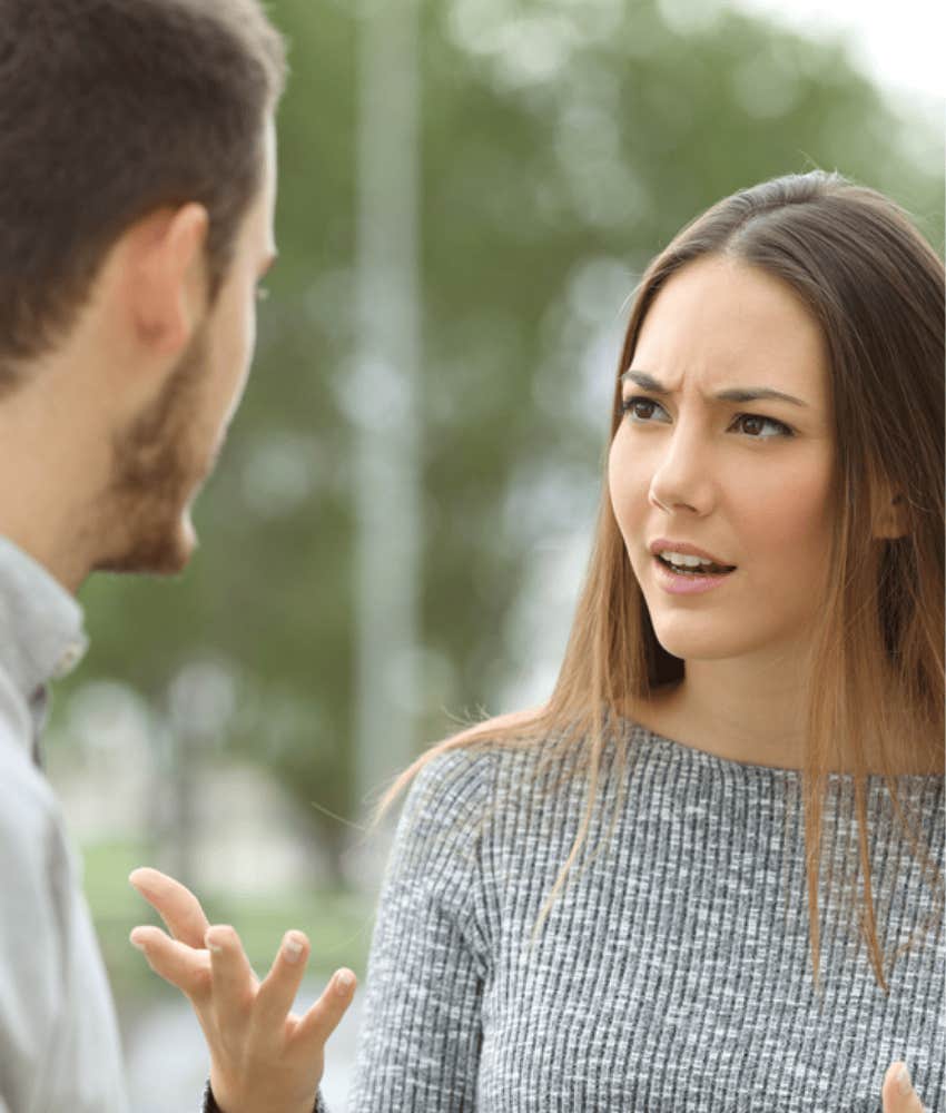 woman noticing man speaking poorly of her 