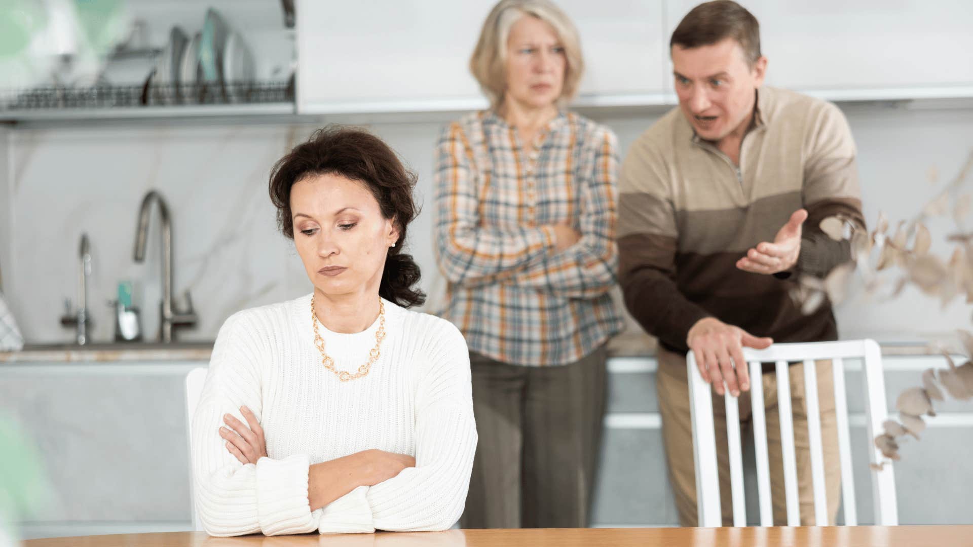 upset woman arguing with parents