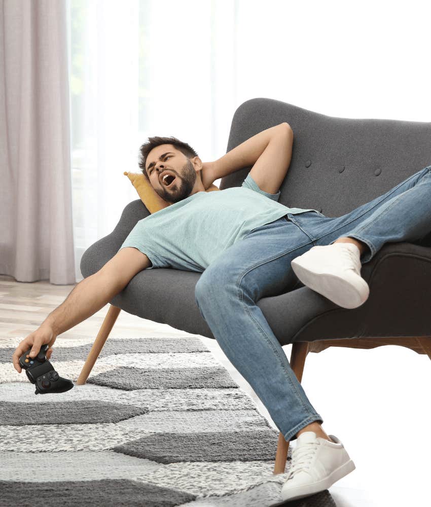 Lazy man on couch has no ambition or close friends
