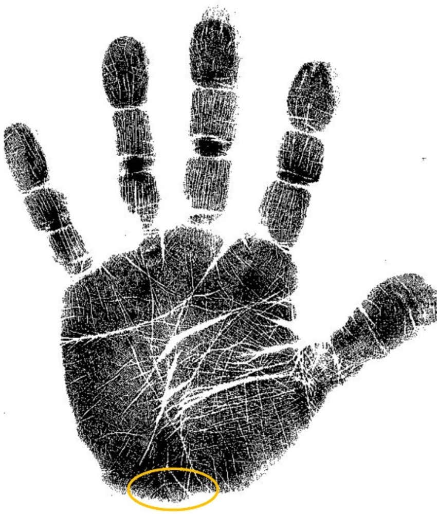 Palm print of hand with Neptune ring circled