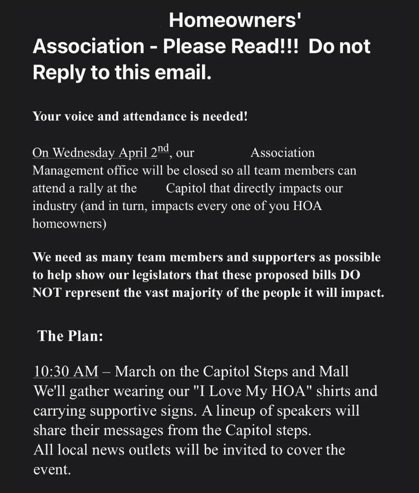 email in which HOA asks neighbors to protest laws giving homeowners more rights