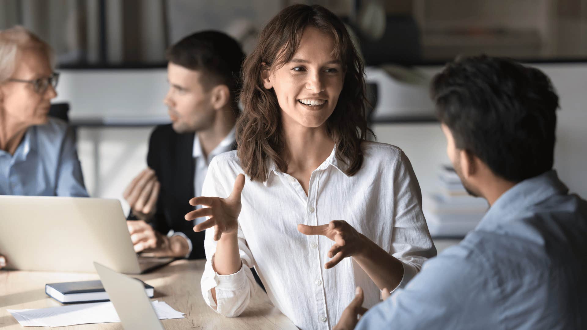 woman interrupting by telling man he has a great point