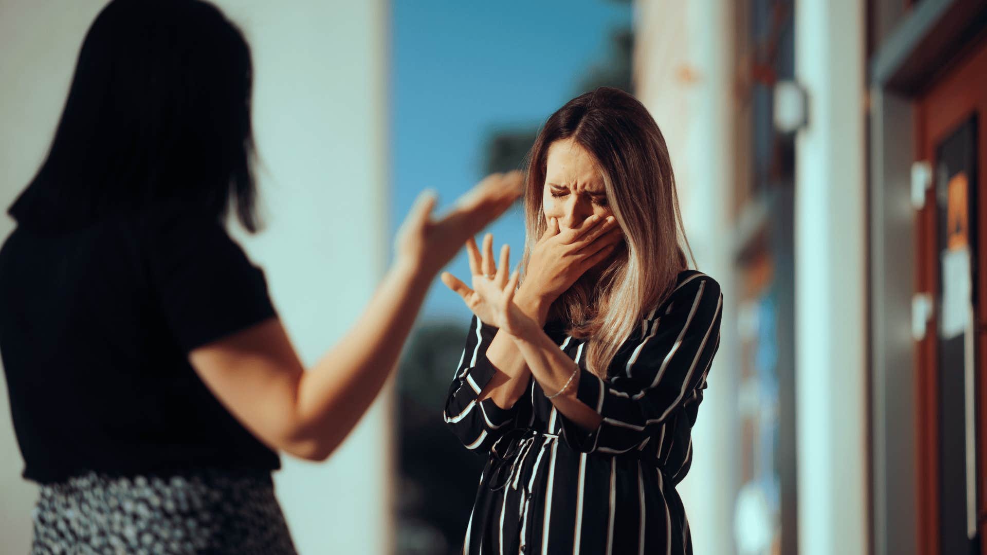 sensitive woman feeling offended by friends comments
