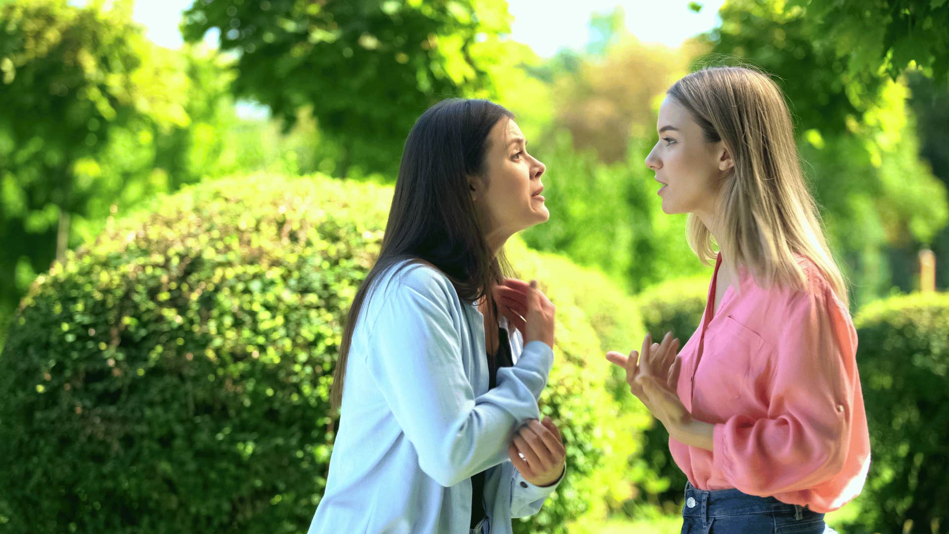 sensitive woman yelling at friend outside