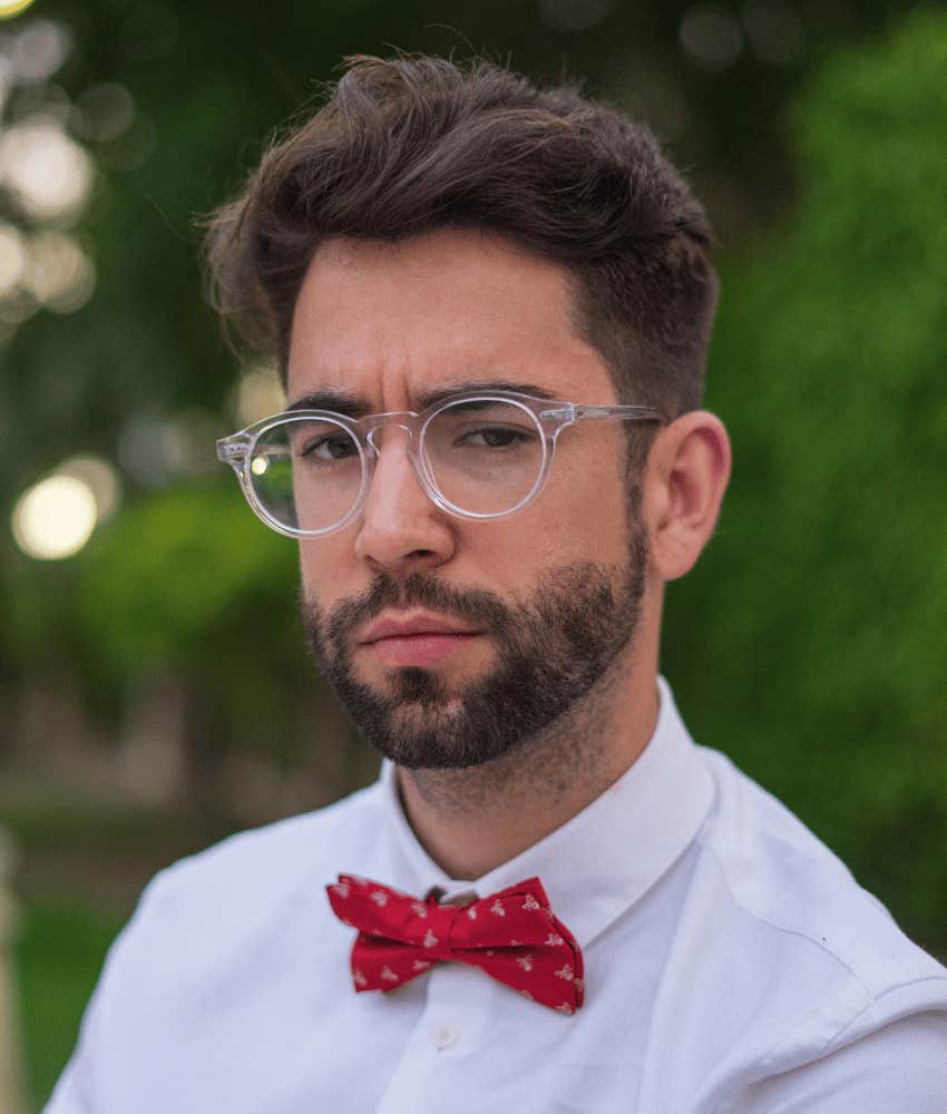 Serious man in bowtie who needs to get out of his silo to use conflict to grow closer to people
