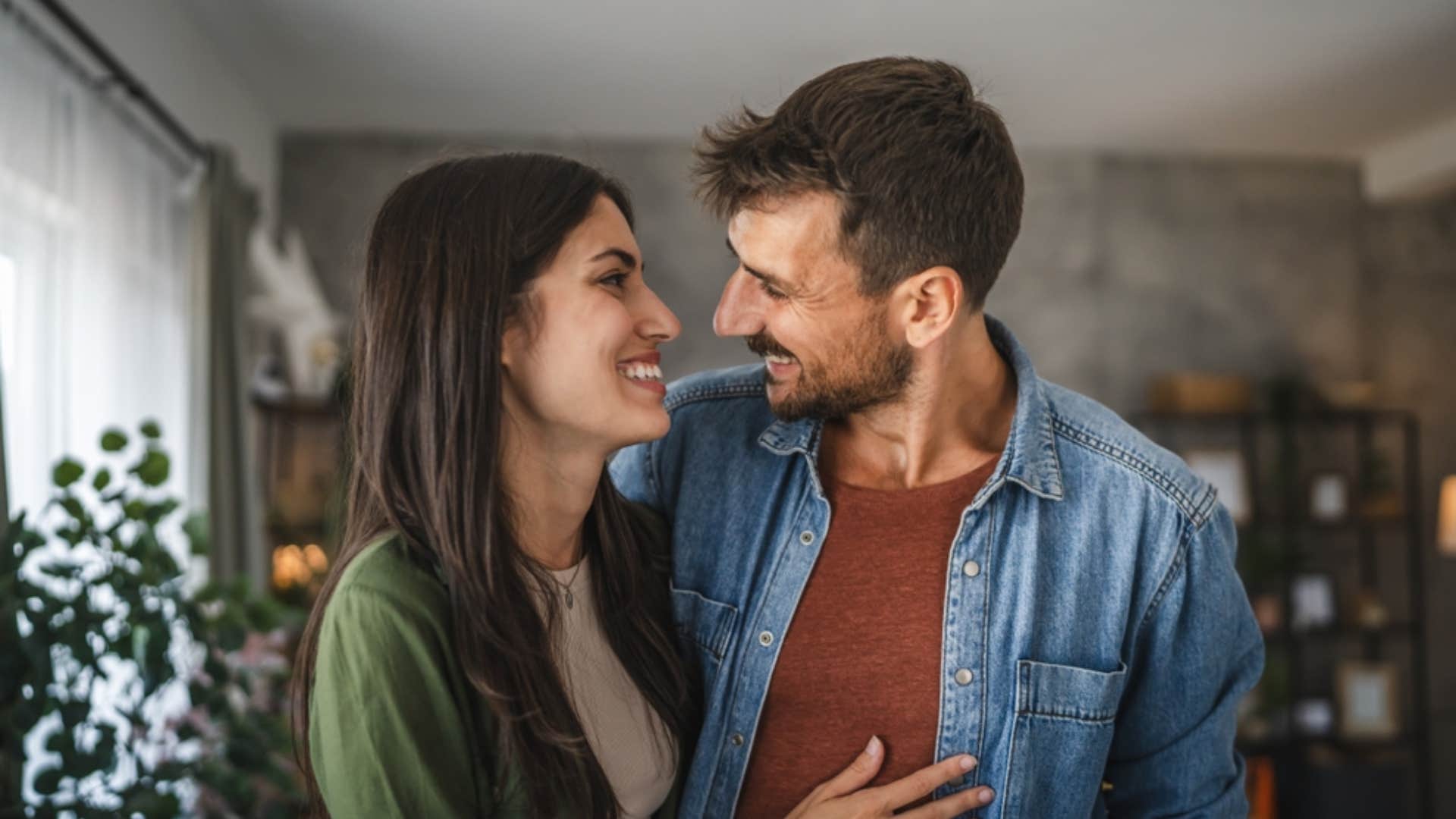 couple looking at each other happily