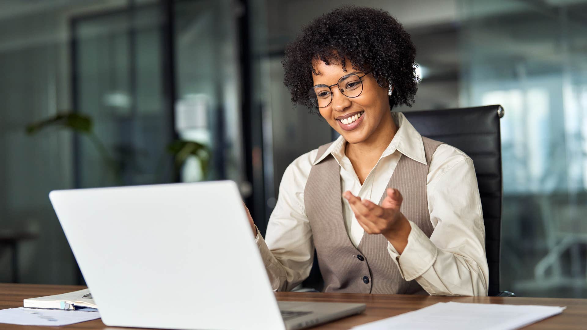 young woman smiling on virtual interview