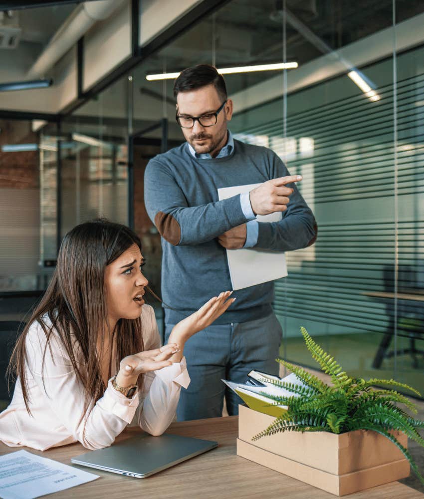 Man tells woman he is eyeing a promotion and is after her job