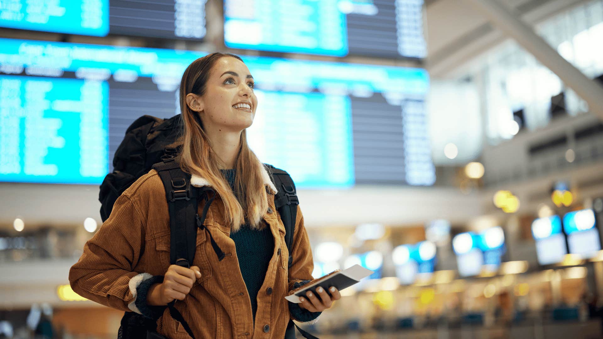 woman at airport before missing a flight