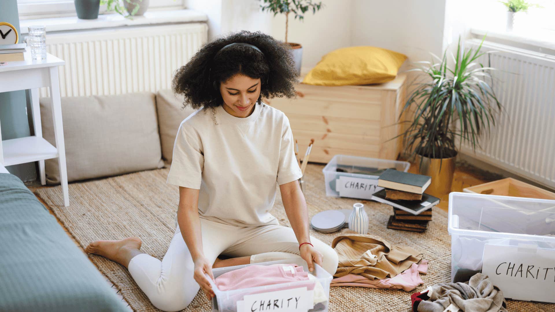 woman going through clothes to donate them