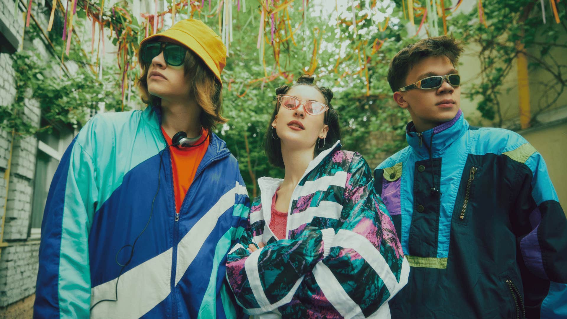 group of friends dressed in retro clothing