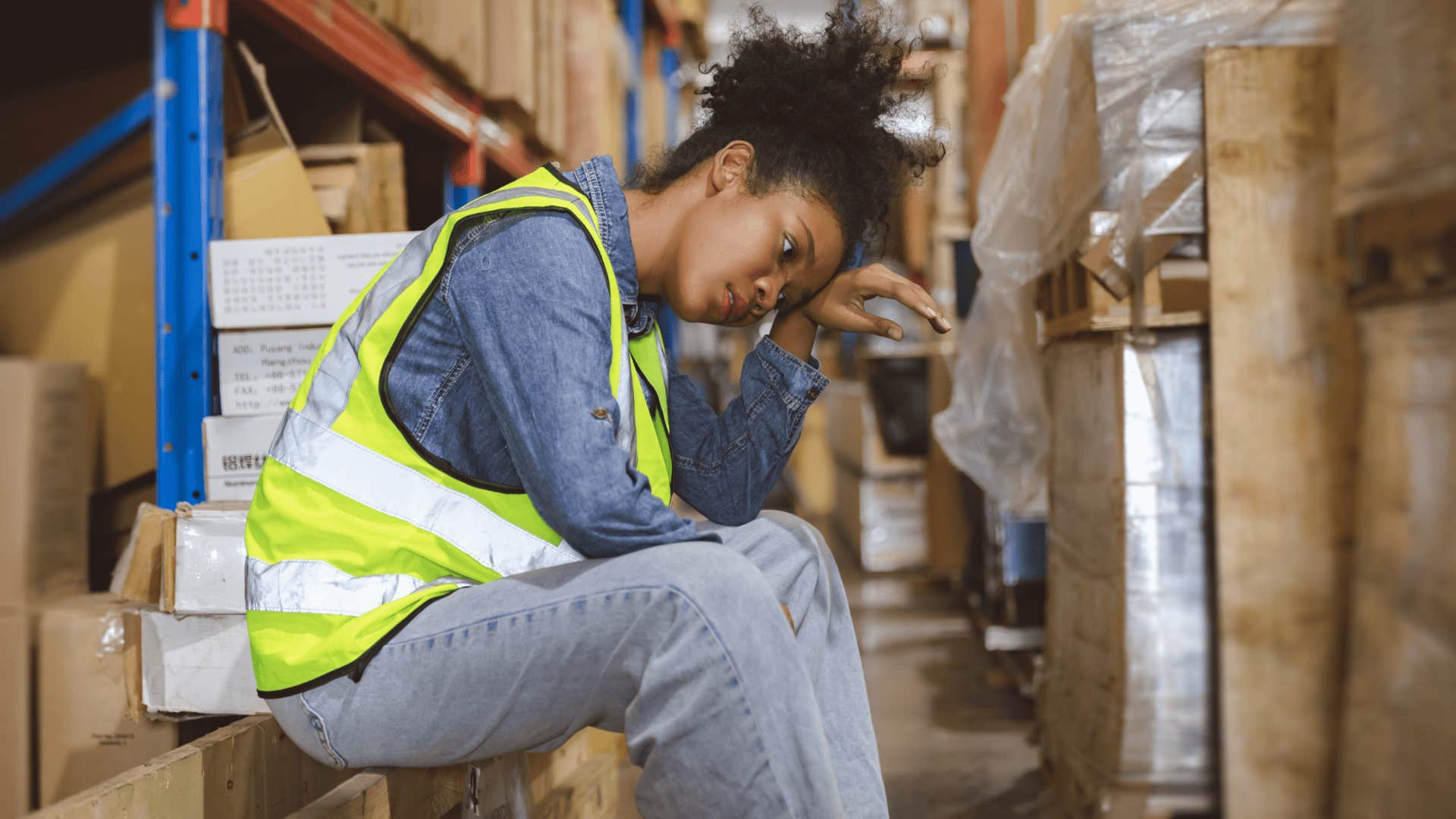 stressed factory worker sitting on a box