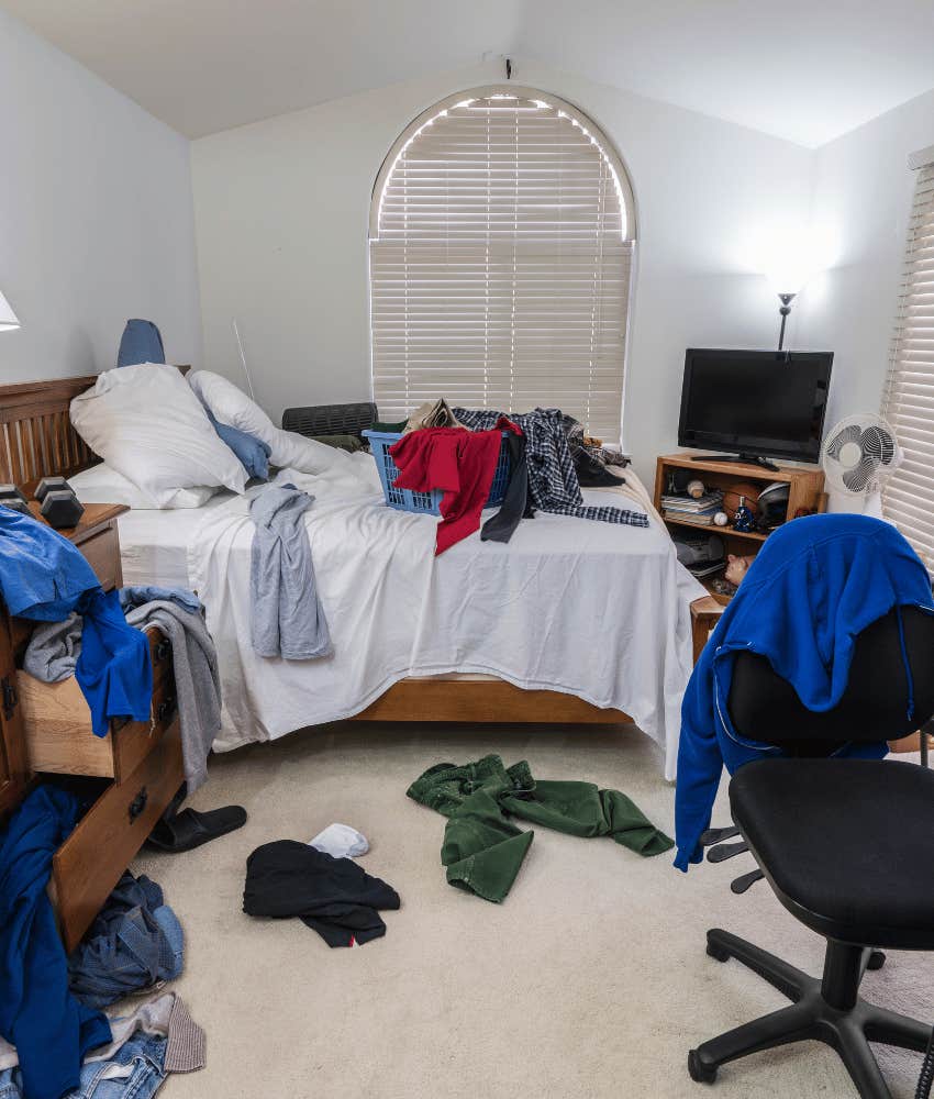 Bedroom with dirty laundry everywhere because of no parenting rules