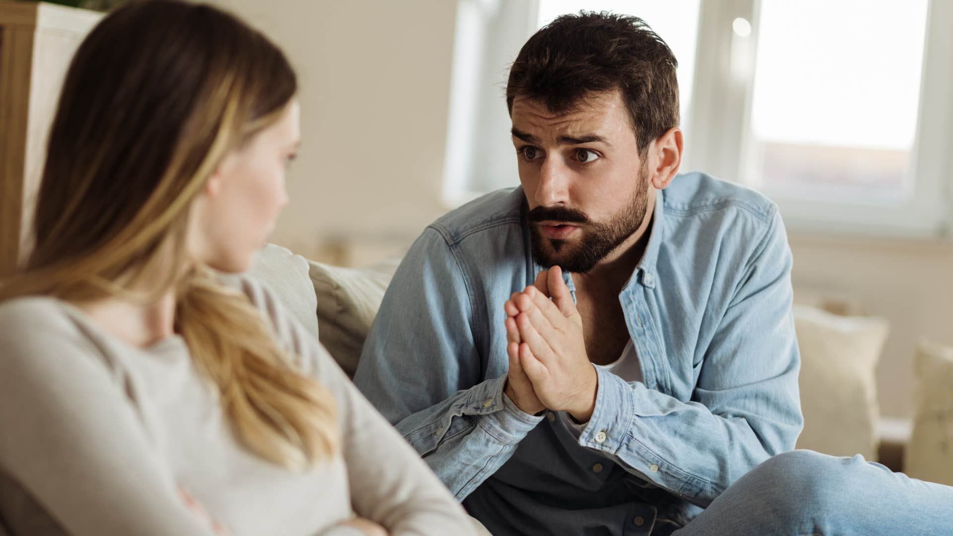 A man tries to guilt trip his wife after an argument.