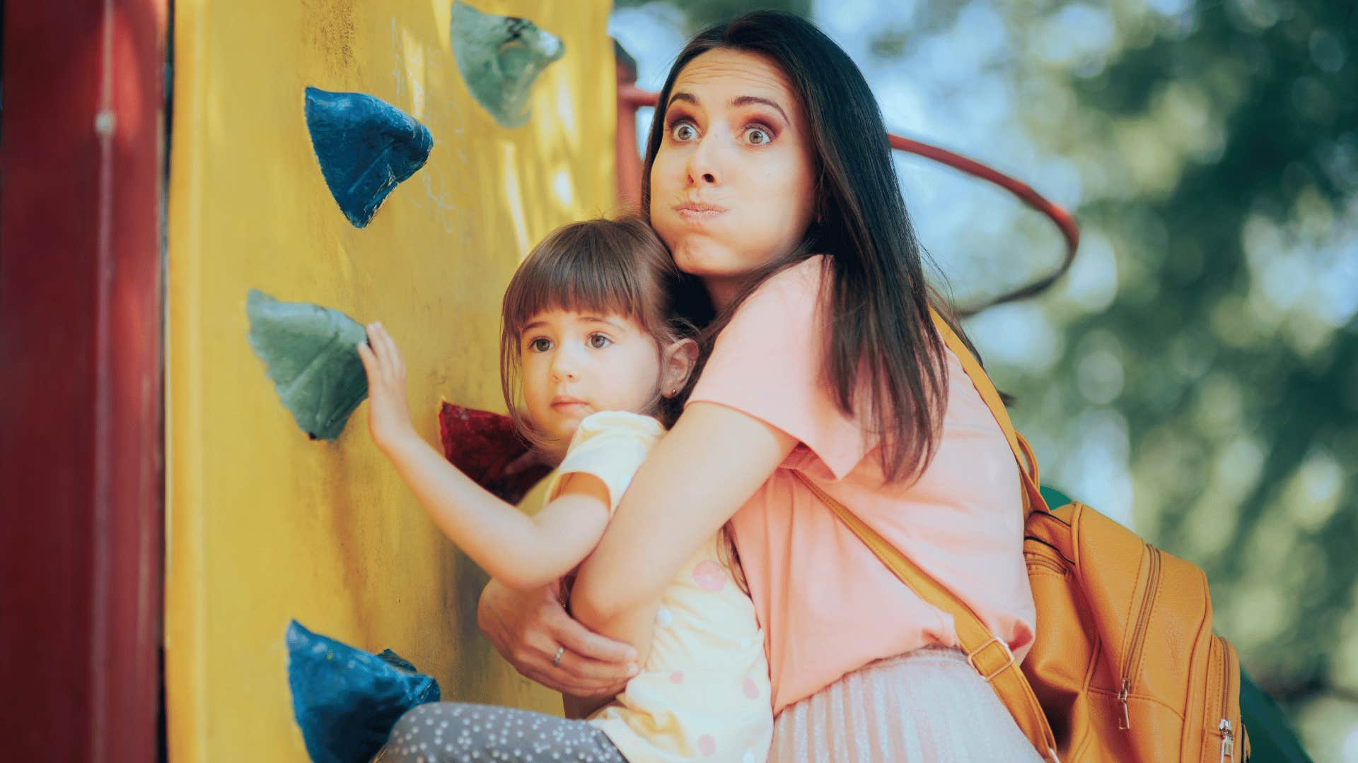 Overprotective mother and scared child at park reinforce double standard