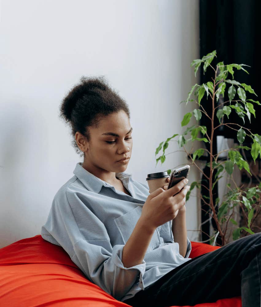 millennial woman ending text messages laughing emoji