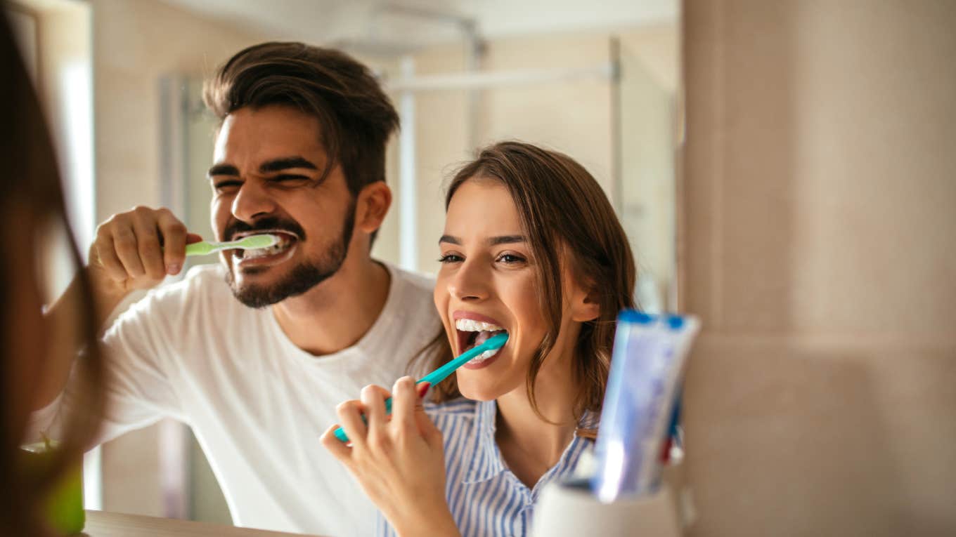 Wife Says A Bathroom Divorce Saved Her Marriage couple brushing their teeth in bathroom together