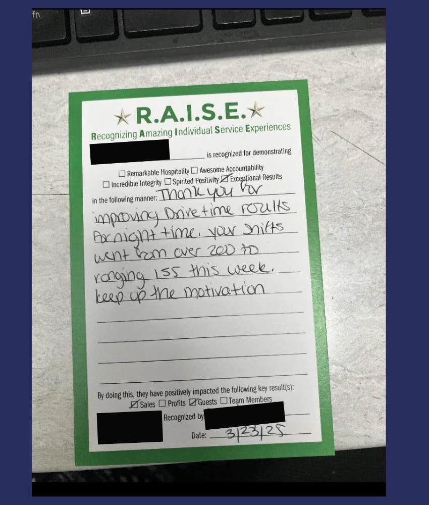 written compliment a worker was given instead of a raise