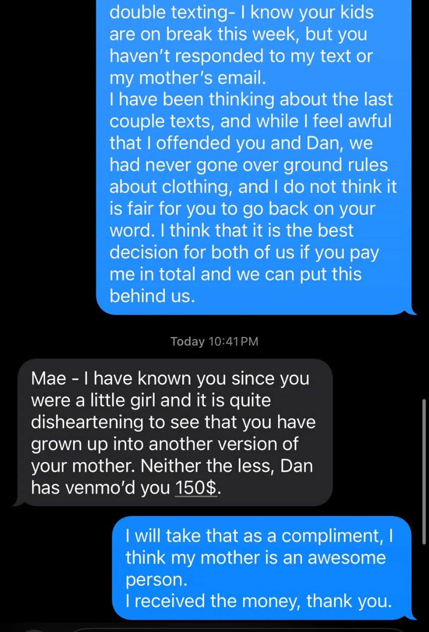 text message in which family insulted babysitter's mom
