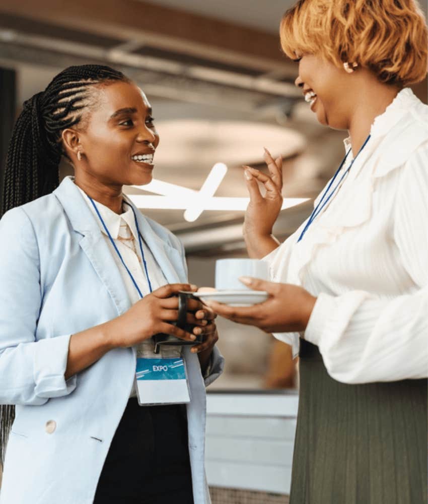 two workers networking benefits job hopping