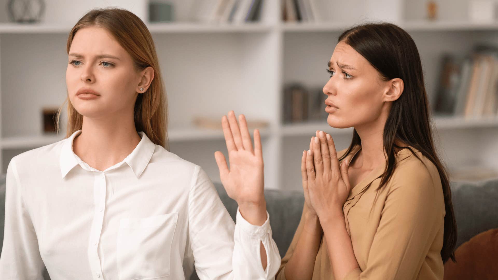 woman telling partner no holding up hand