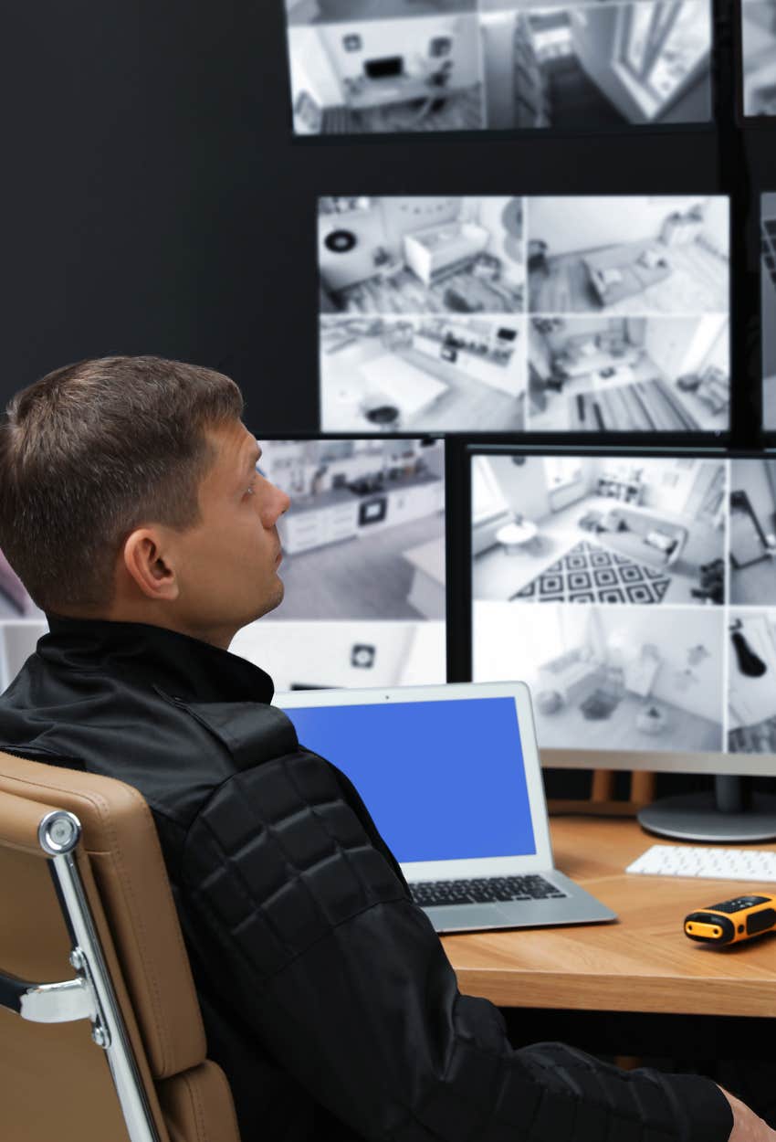 boss reviewing surveillance cameras on his employees