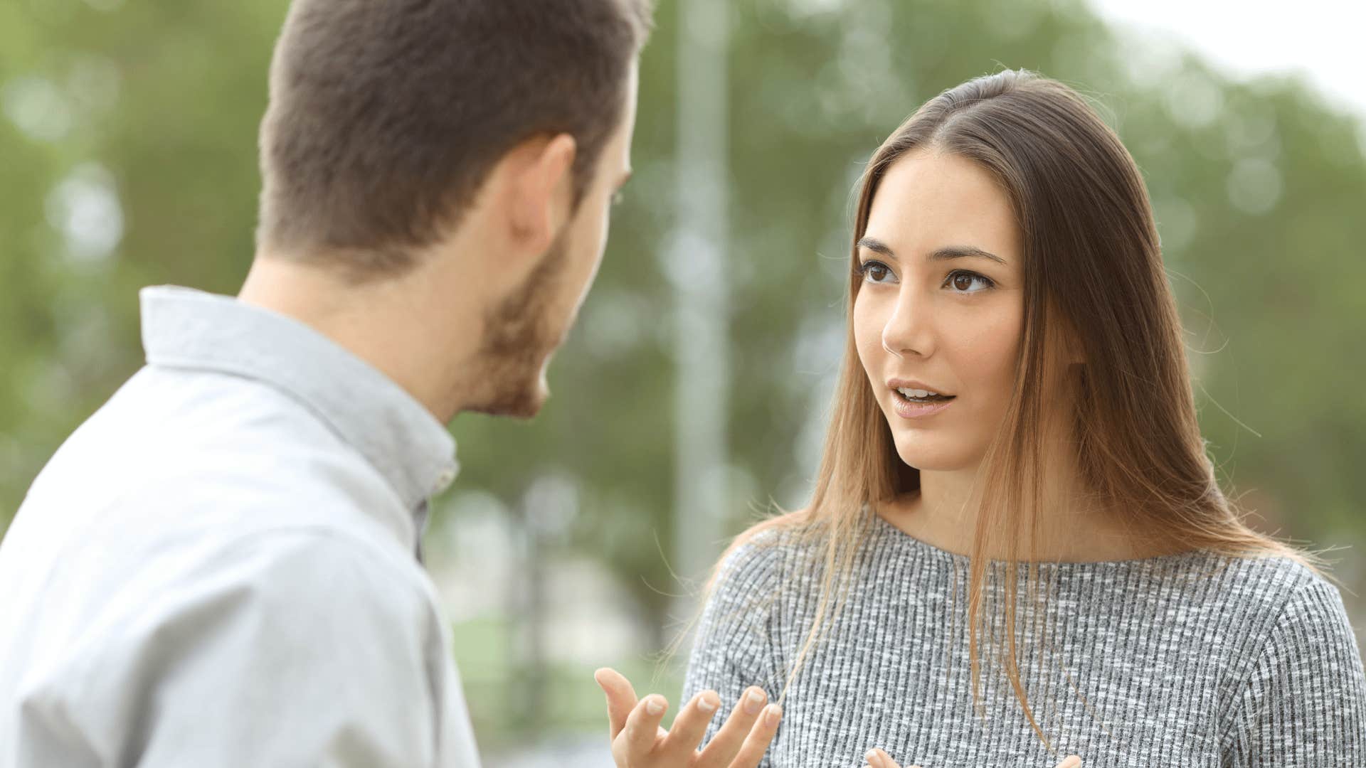 woman whose just being honest with man in gray shirt