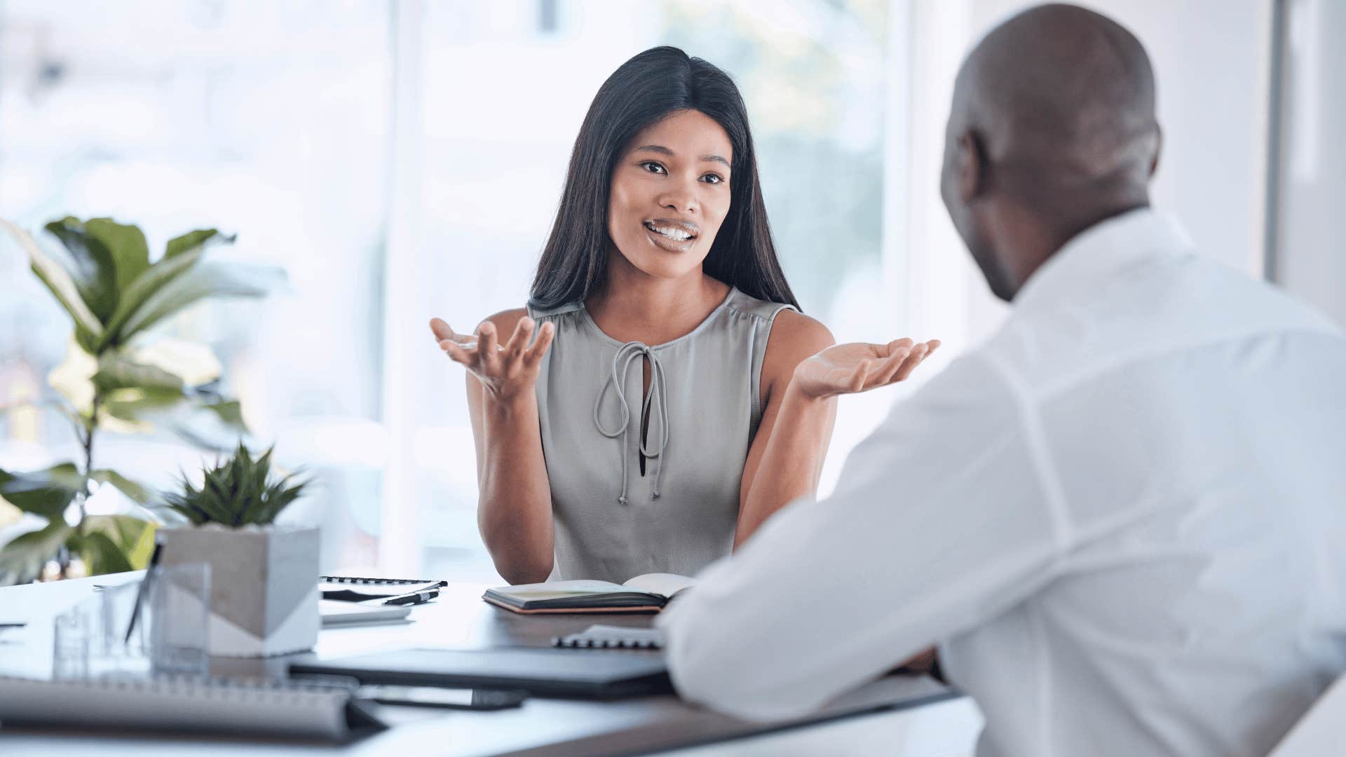 woman telling man she's not responsible for his feelings in office