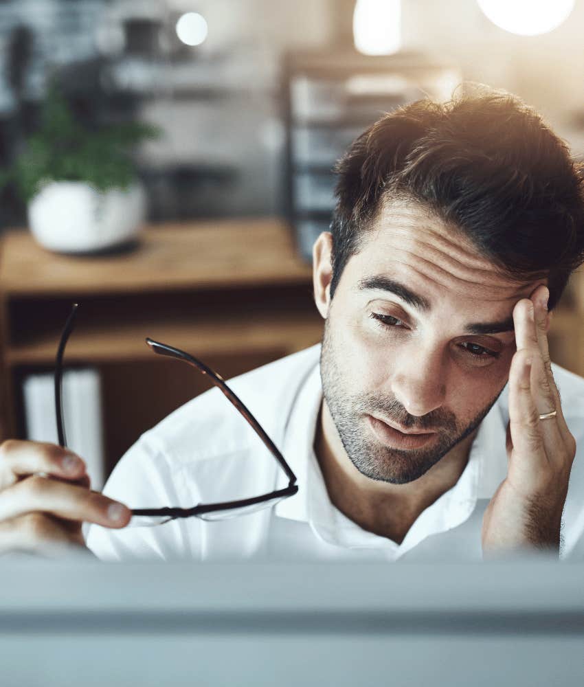 Stressed man thinks about past trauma still messing with him