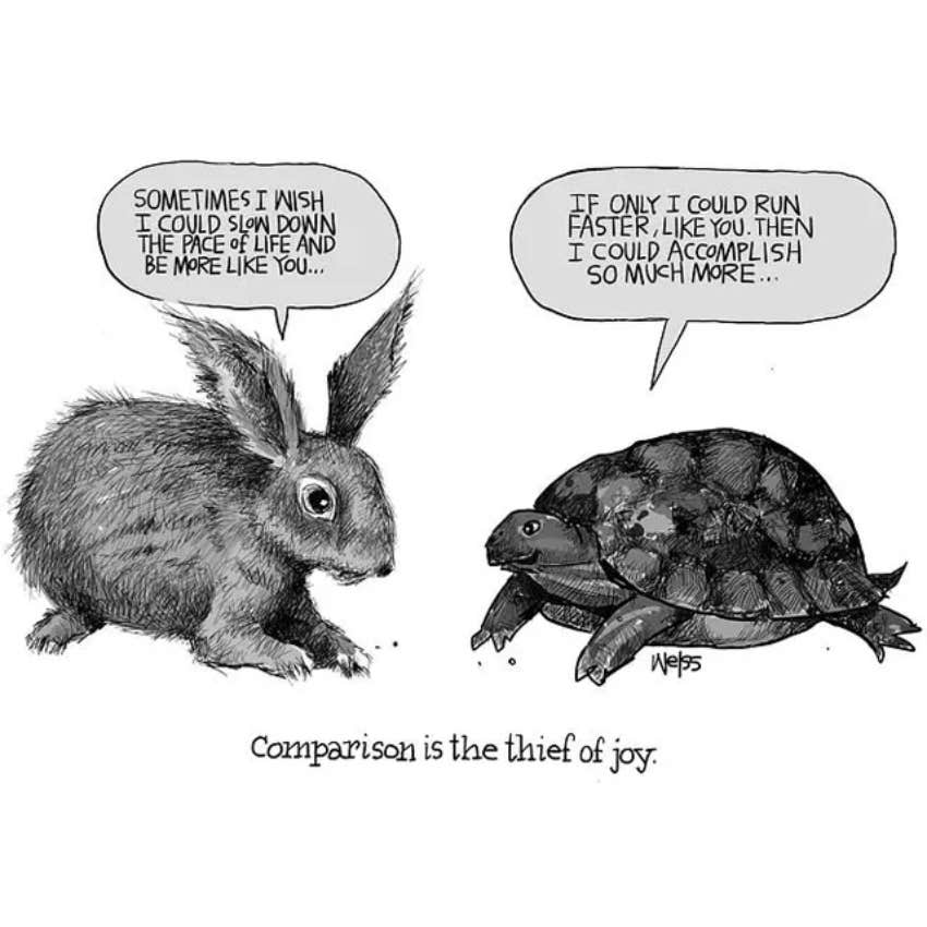 cartoon rabit with popular habits ruining his life like comparisons