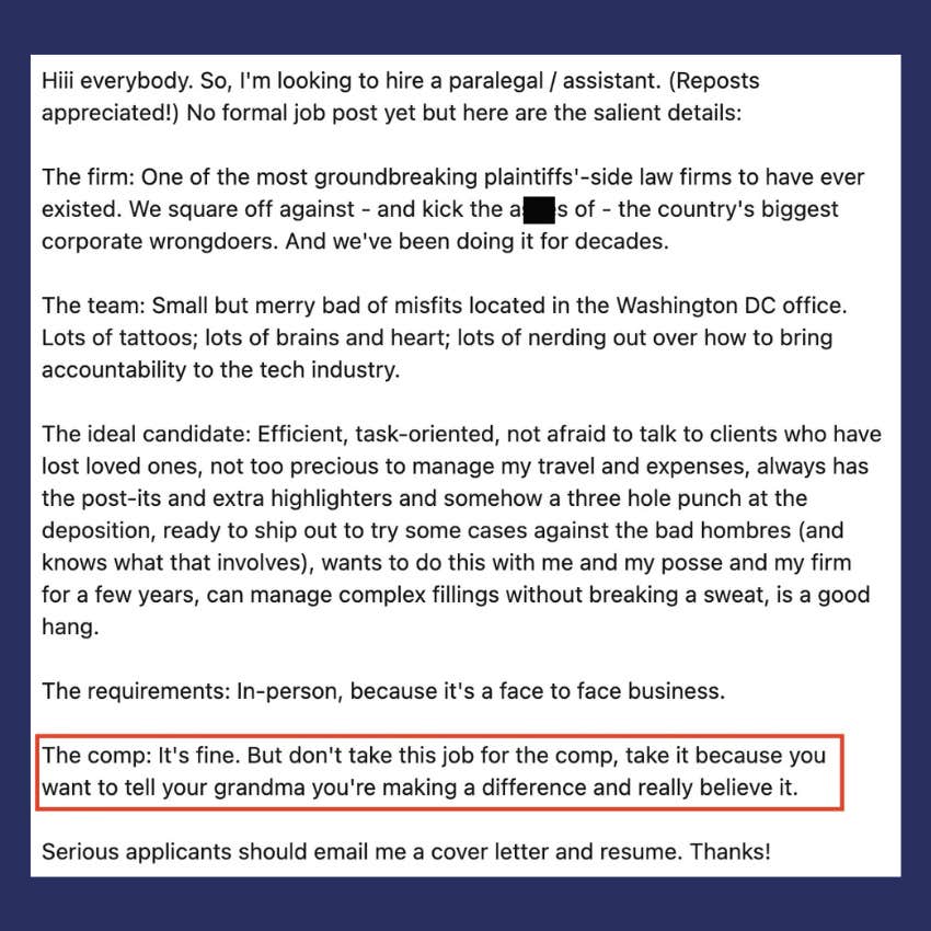 Reddit post in which lawyer tells job candidates not to take a job for money