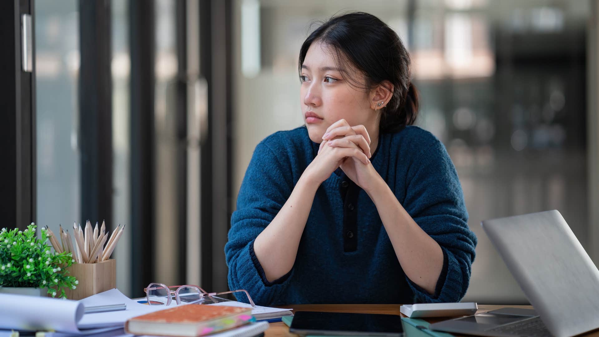 young perfectionist woman thinking about her responsibilities 