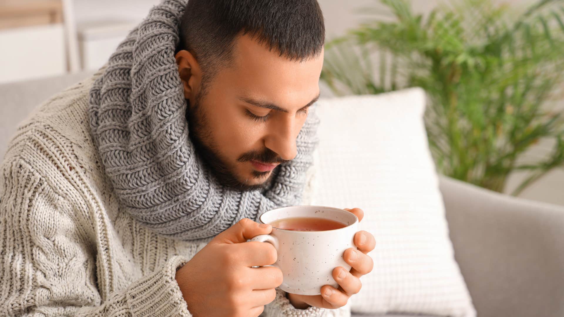 intelligent man drinking tea on his couch at home