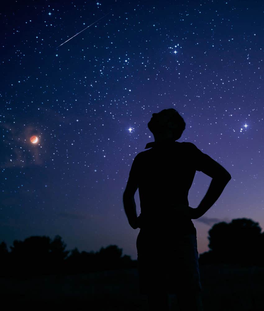 Night sky and silhouette contemplate physics and love