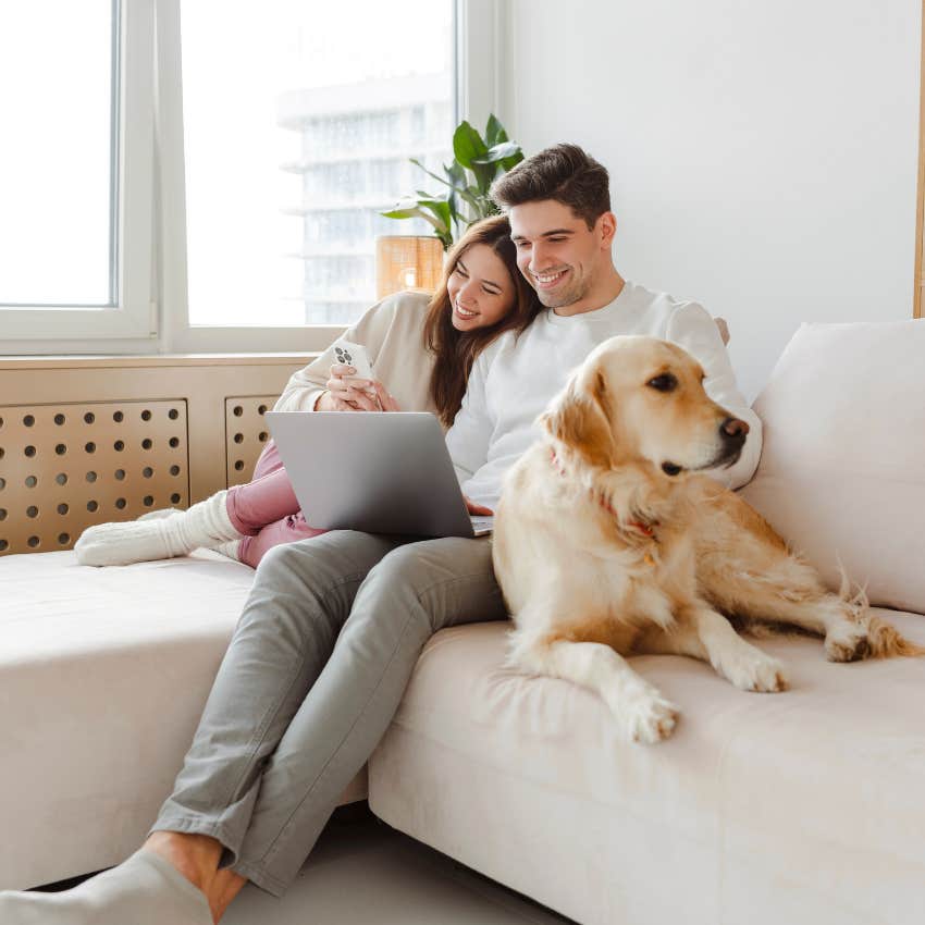 happy man sitting with truly dazzling woman