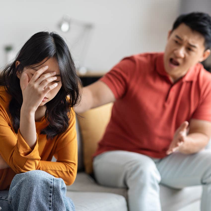 woman upset with husband over his emotional blackmailing