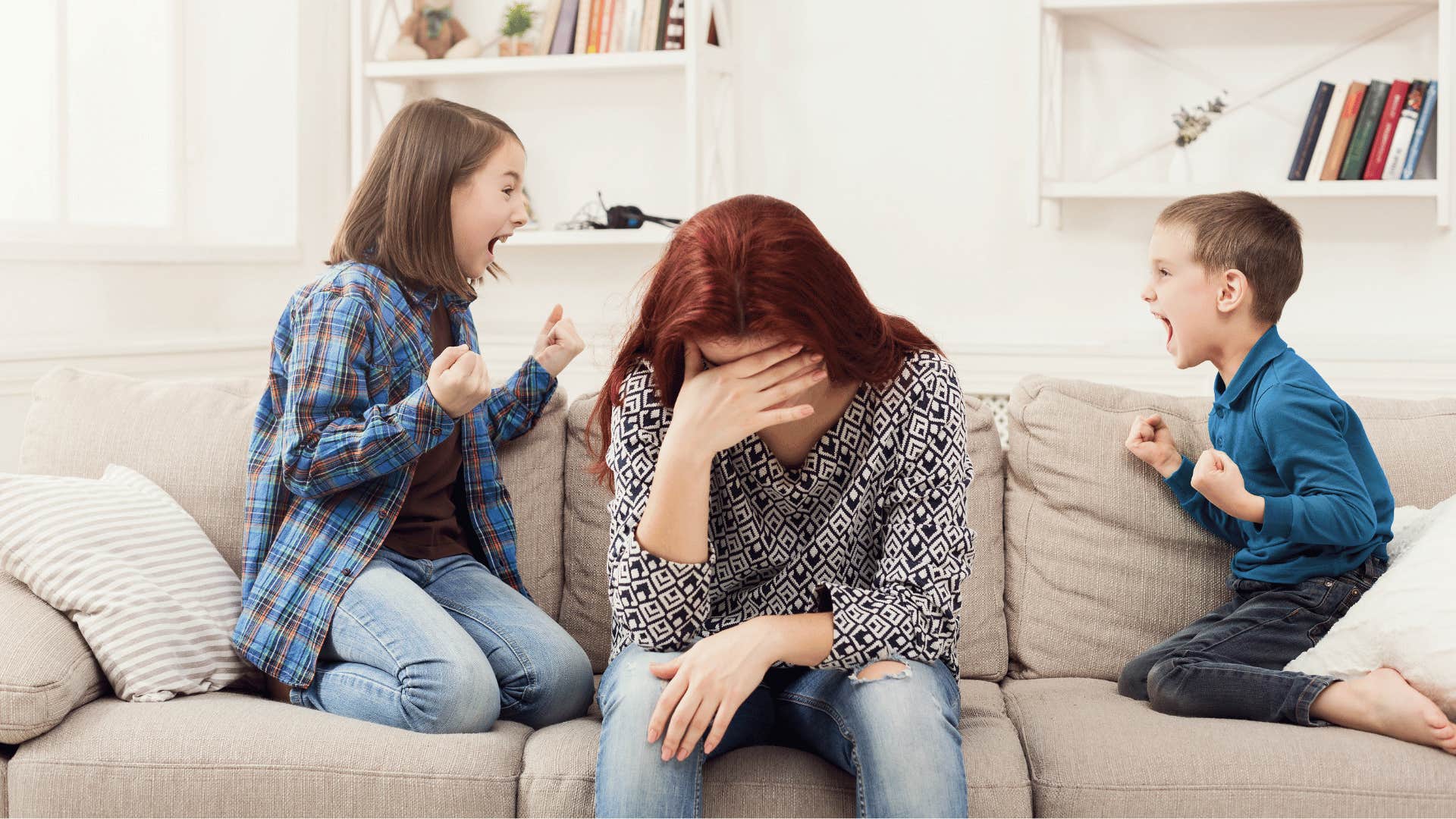 Sister and littl brother annoy each other and mother