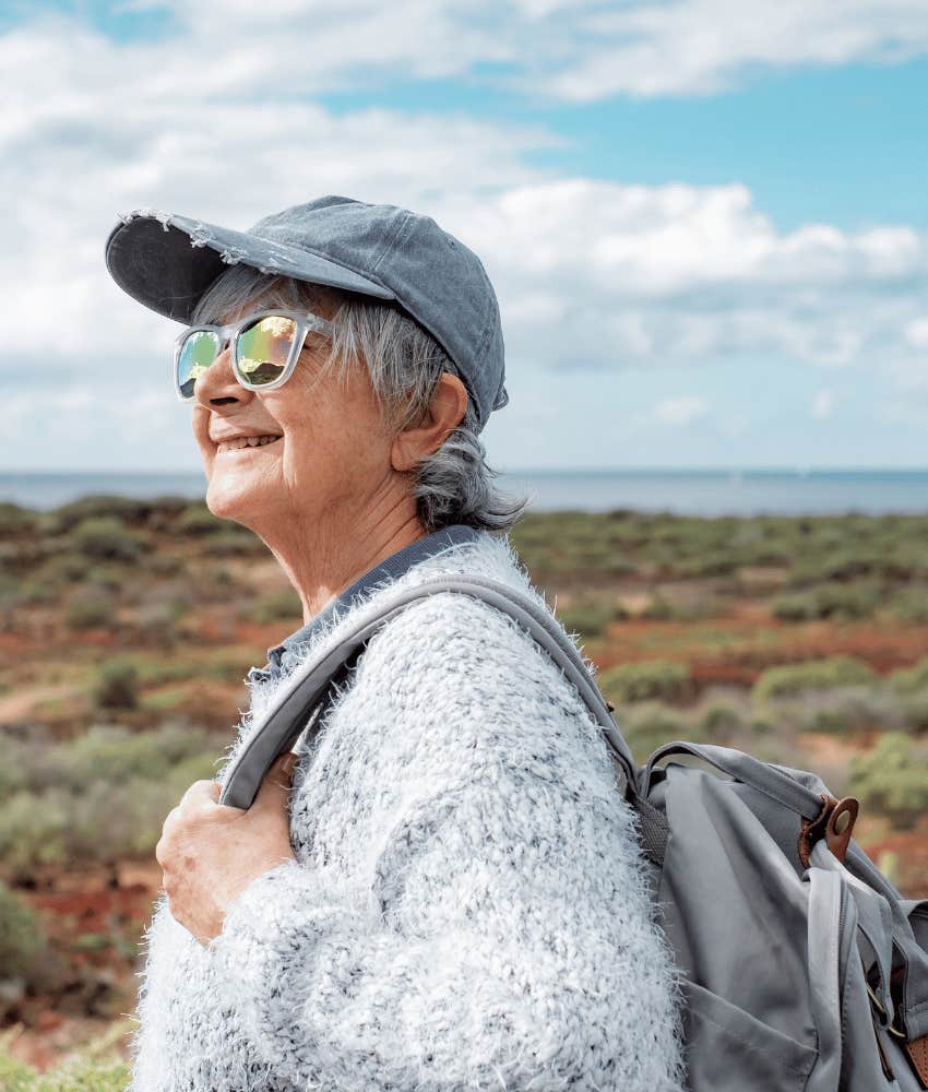Walking woman shows gratitude